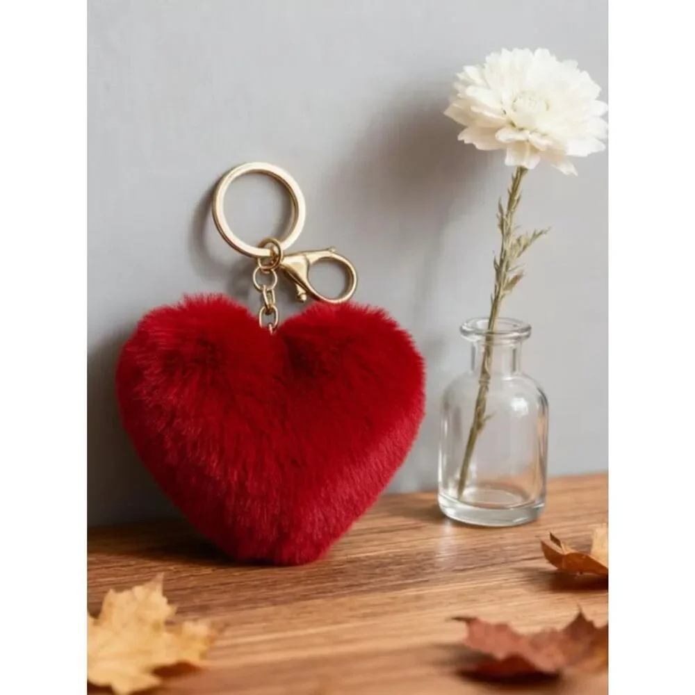 Plush Red Heart Keychain Fluffy Bag Charm Heart Shaped Purse Charm Golden Metal